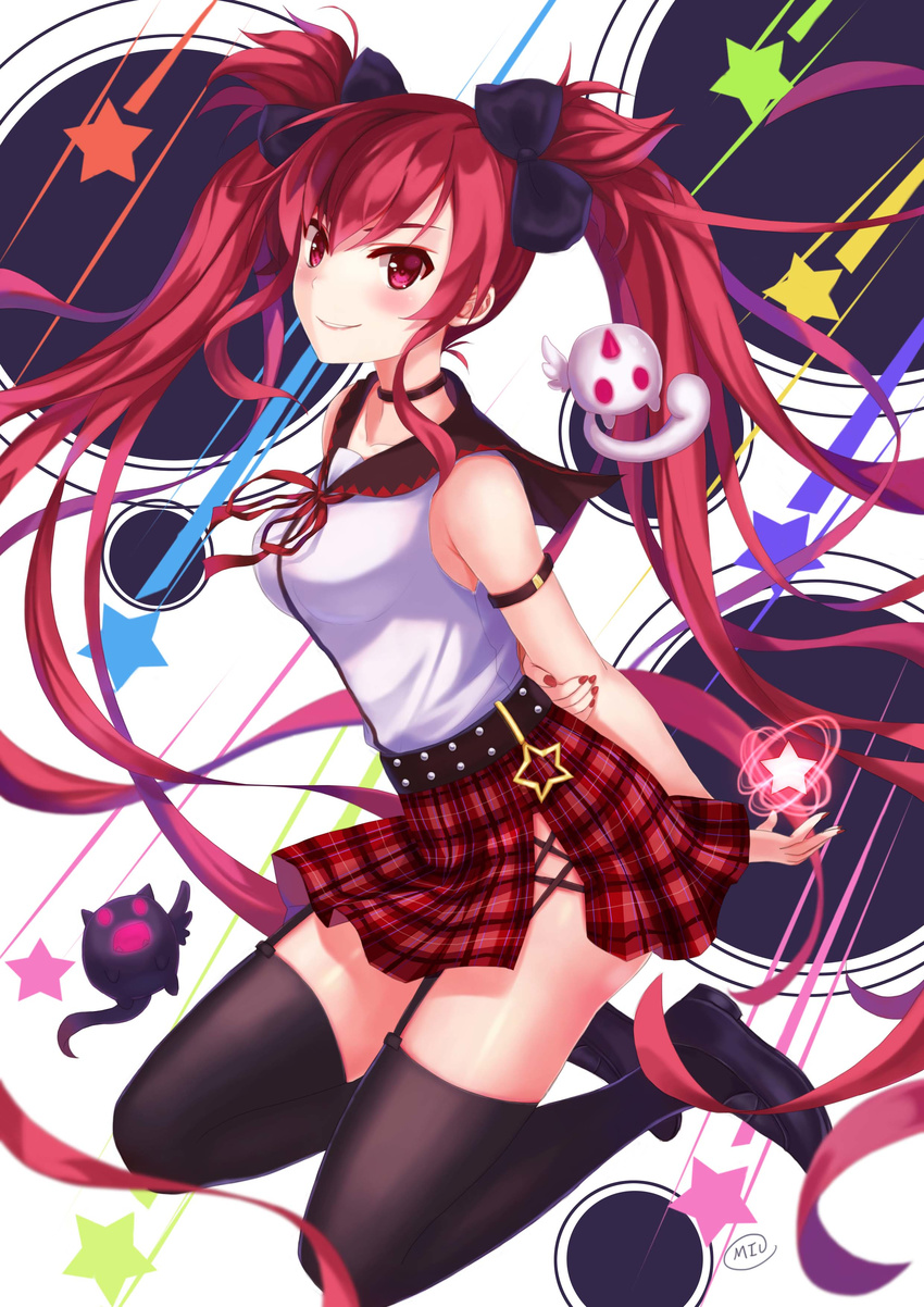 absurdres armpit_peek arms_behind_back bare_shoulders belt black_bow black_footwear black_legwear blush bow breasts choker closed_mouth full_body hair_bow highres jinx_(league_of_legends) league_of_legends long_hair looking_at_viewer medium_breasts miu_(pixiv4149478) nail_polish neck_ribbon plaid plaid_skirt red_eyes red_hair red_nails red_ribbon ribbon shoes side_slit skirt smile solo star star_guardian_jinx starry_background thighhighs twintails
