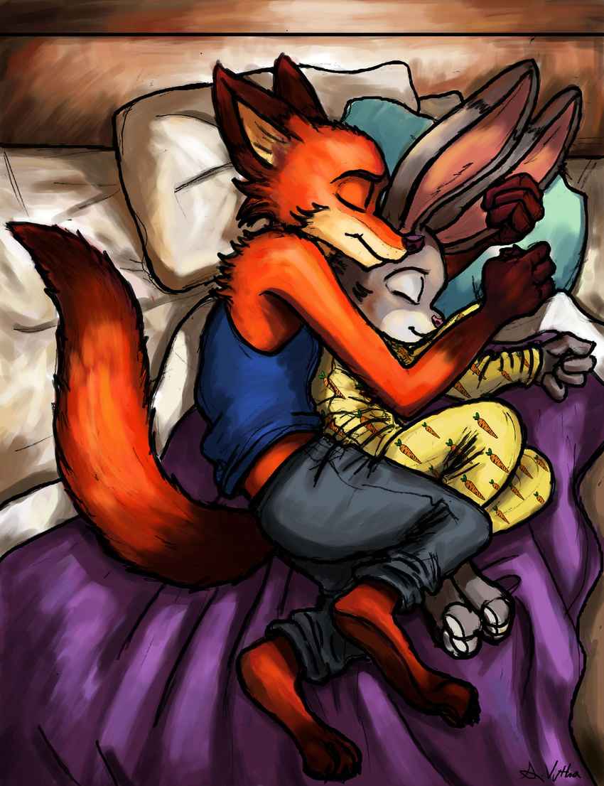 anthro barefoot bed_sheet bedding brown_markings canine carrot clothed clothing cuddling detailed_background disney duo ear_markings ears_up eyes_closed facial_markings female food fox fur grey_fur hug invalid_tag judy_hopps lagomorph leg_markings lying male mammal markings mattress multicolored_fur nick_wilde orange_fur pajamas pillow rabbit romantic_couple sweatpants tail_markings two_tone_fur undershirt vegetable zootopia