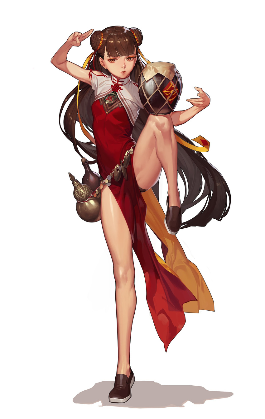 absurdly_long_hair absurdres arm_up bangs bare_legs black_panties black_survival blunt_bangs brown_eyes brown_hair china_dress chinese_clothes double_bun dress full_body hair_ribbon highres leg_lift li_dailin long_hair one_touch panties parted_lips red_dress ribbon short_sleeves side_slit simple_background slippers solo turtleneck underwear very_long_hair white_background