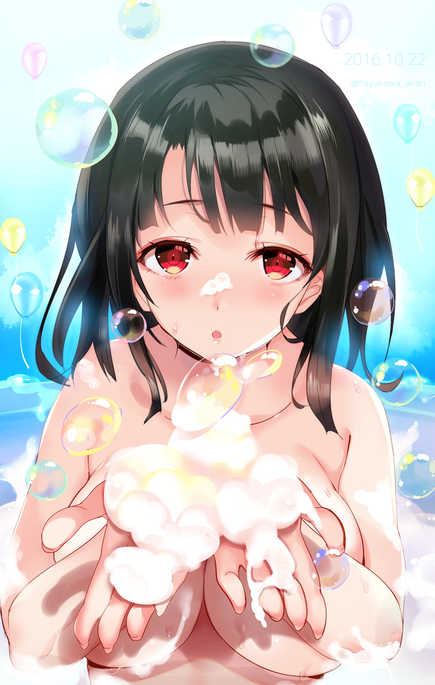 :o bangs bare_shoulders black_hair blush breasts bubble_blowing collarbone commentary_request eyebrows eyebrows_visible_through_hair hand_up hayakawa_akari highres kantai_collection large_breasts long_hair looking_at_viewer nude red_eyes short_hair soap soap_bubbles solo takao_(kantai_collection) water wet