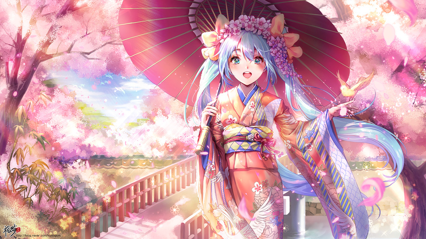 bird blue_hair blush bow flower hair_flower hair_ornament hatsune_miku highres japanese_clothes kyjsogom long_hair looking_at_viewer open_mouth petals solo tree twintails umbrella very_long_hair vocaloid