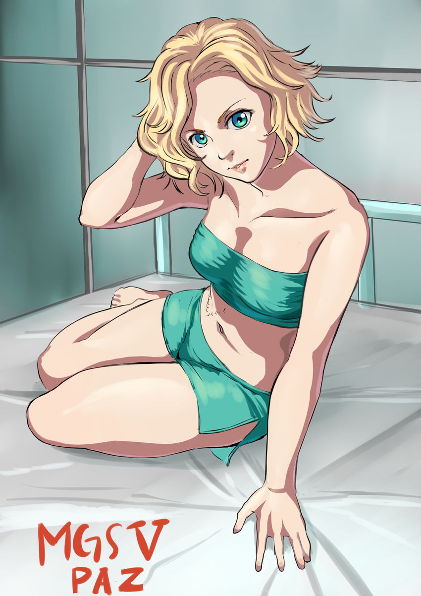 absurdres aqua_eyes bandeau barefoot bed blonde_hair hand_on_own_head highres hospital_bed looking_at_viewer metal_gear_(series) metal_gear_solid metal_gear_solid_peace_walker metal_gear_solid_v monokuro_rabbit navel on_bed paz_ortega_andrade scar short_hair sitting solo underwear wavy_hair yokozuwari