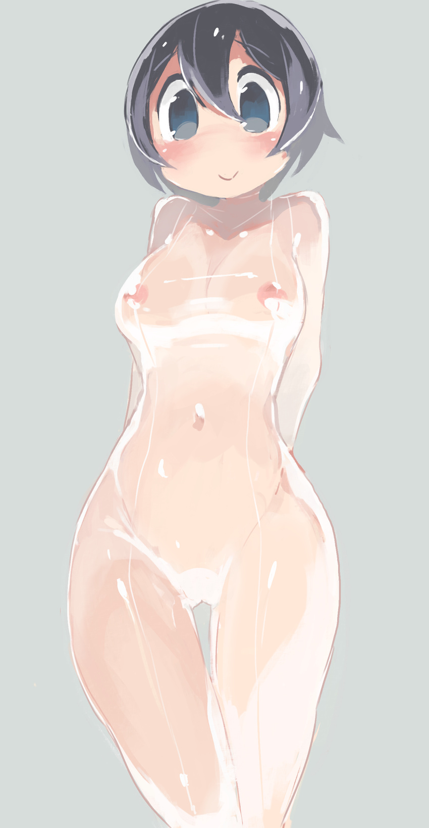 absurdres arms_behind_back black_eyes black_hair blush bodysuit breasts commentary_request convenient_censoring covered_nipples cowboy_shot eyebrows_visible_through_hair hair_between_eyes highres looking_at_viewer medium_breasts nipples no_nose no_pupils original sakamoto_ahiru see-through sheer_bodysuit shiny shiny_clothes short_hair simple_background skin_tight smile solo standing thigh_gap