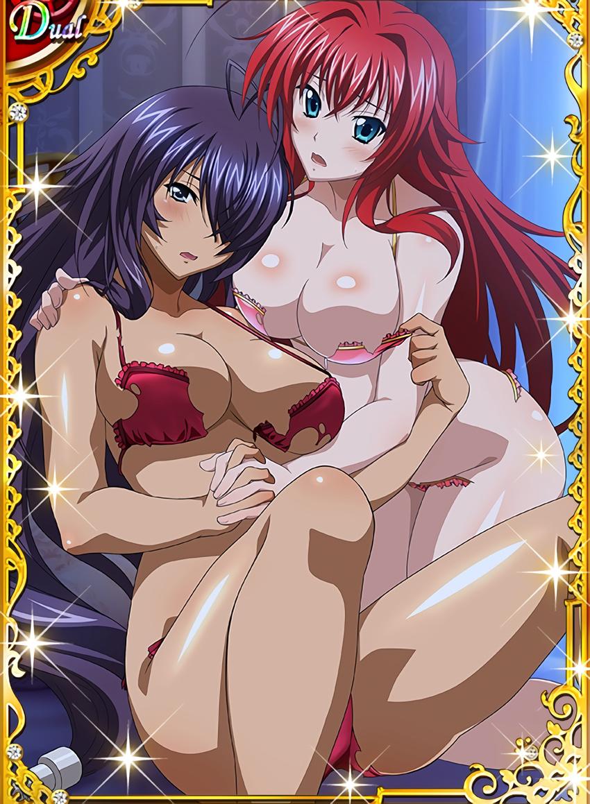 2girls blue_eyes breasts high_school_dxd ikkitousen kan'u_unchou large_breasts long_hair multiple_girls purple_hair red_hair rias_gremory sitting torn_clothes