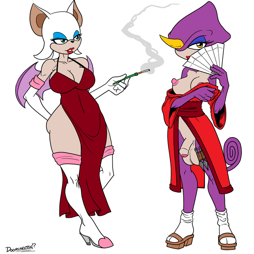 absurd_res anthro bat big_breasts breasts chameleon cigarette cigarette_holder clothing dickgirl doomington duo espio_the_chameleon footwear hand_fan hi_res humanoid_penis intersex japanese_clothing kimono kunai lizard mammal partially_retracted_foreskin penis reptile robinebra rouge_the_bat sandals scalie smoke smoking sonic_(series) uncut weapon wide_hips