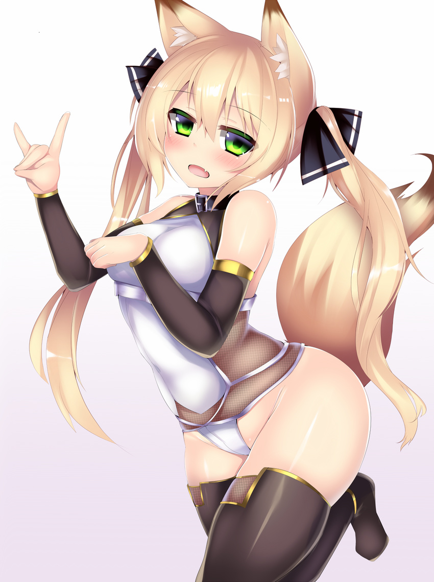 animal_ears blonde_hair borrowed_character collar detached_sleeves fang fox_ears fox_shadow_puppet fox_tail green_eyes highres kutan leotard long_hair open_mouth original simple_background solo tail thighhighs