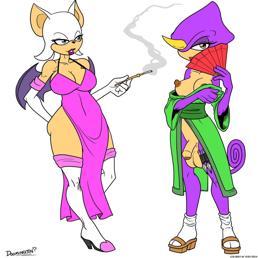 anthro bat big_breasts breasts chameleon cigarette cigarette_holder clothing dickgirl doomington duo espio_the_chameleon footwear hand_fan humanoid_penis intersex japanese_clothing kimono kunai lizard mammal partially_retracted_foreskin penis reptile rouge_the_bat sandals scalie smoke smoking sonic_(series) soulteam uncut weapon wide_hips