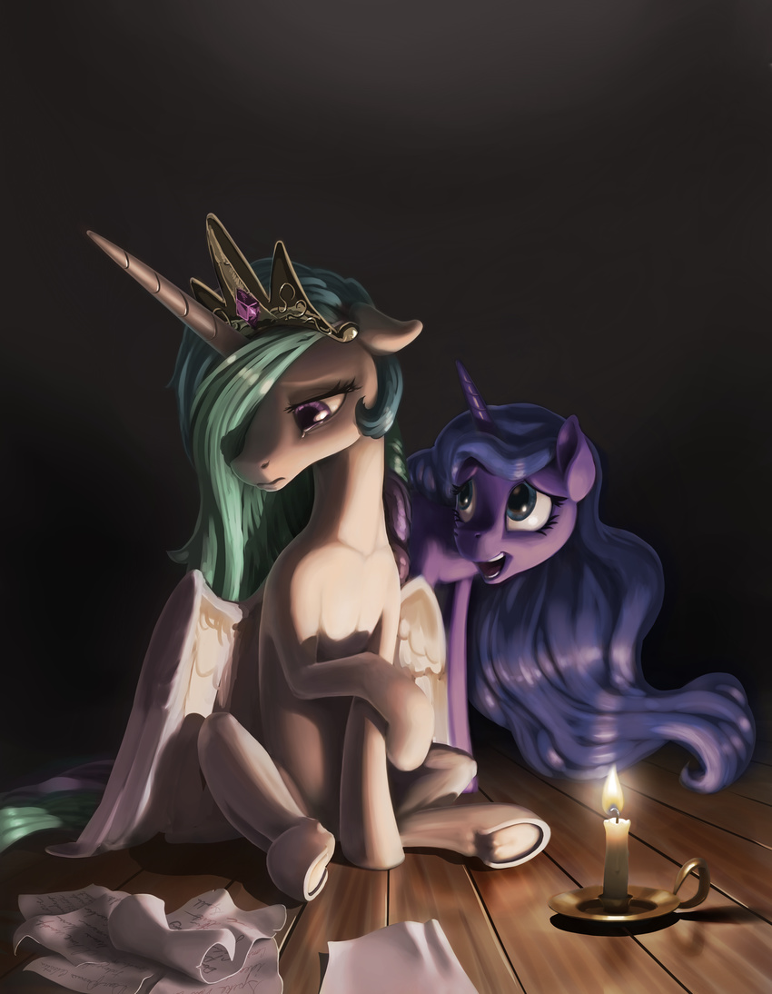 blue_eyes blue_hair candle crown crying detailed_background duo ears_down ears_up equine eyelashes female feral floor friendship_is_magic frown fur gem green_hair green_tail hair horn mammal my_little_pony nadnerbd open_mouth paper princess_celestia_(mlp) princess_luna_(mlp) purple_eyes purple_fur quadruped sitting smile standing tears white_fur white_wings winged_unicorn wings writing