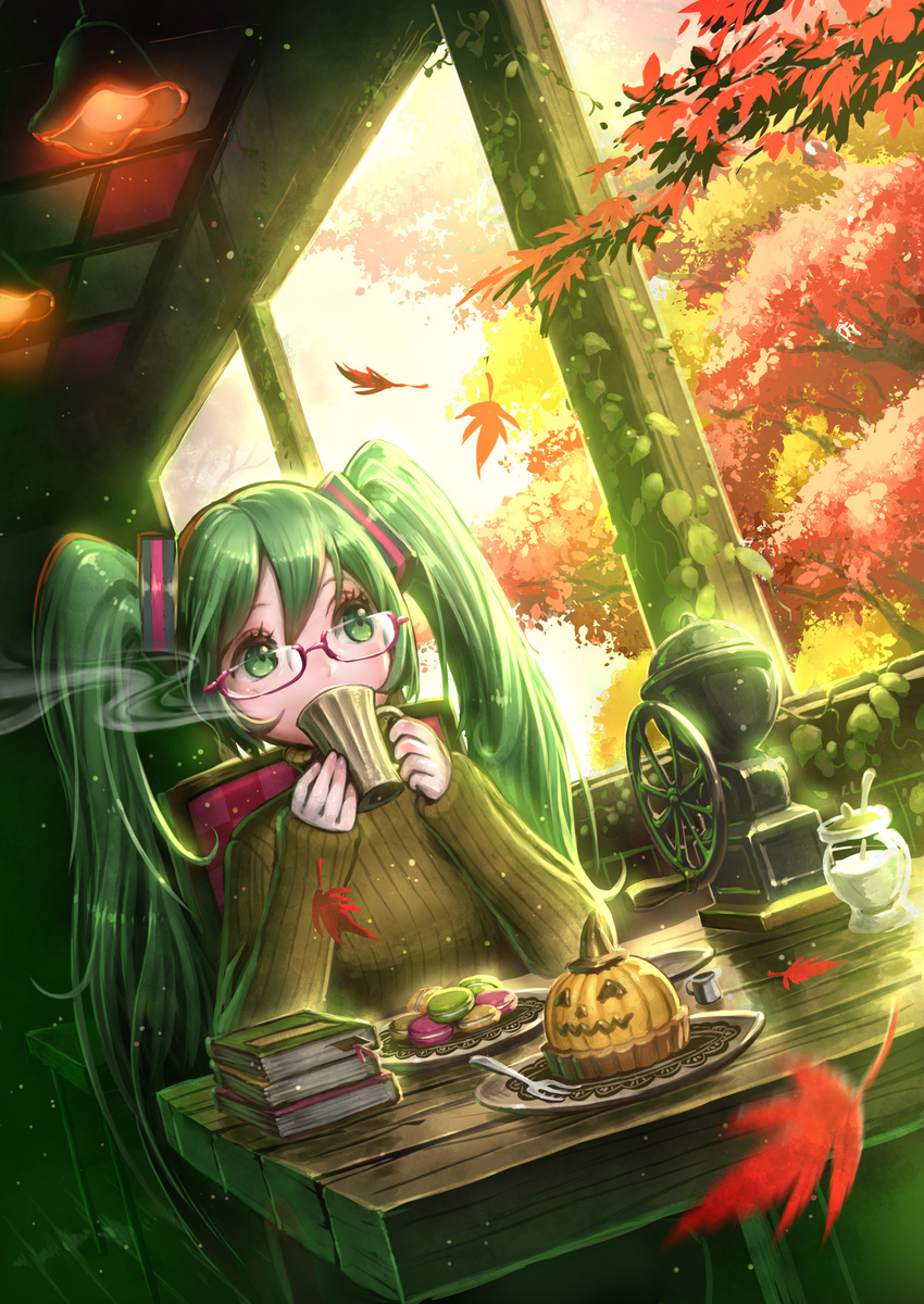 autumn_leaves blurry blush book book_stack bookmark coffee coffee_grinder cup depth_of_field dutch_angle food fork glasses green_eyes green_hair hair_between_eyes halloween hat hata_(pixiv4102938) hatsune_miku highres jack-o'-lantern leaf long_hair looking_away macaron maple_leaf mug pink-framed_eyewear plant plate ribbed_sweater semi-rimless_eyewear sitting sleeves_past_wrists solo spoon steam sweater twintails under-rim_eyewear very_long_hair vines vocaloid witch_hat