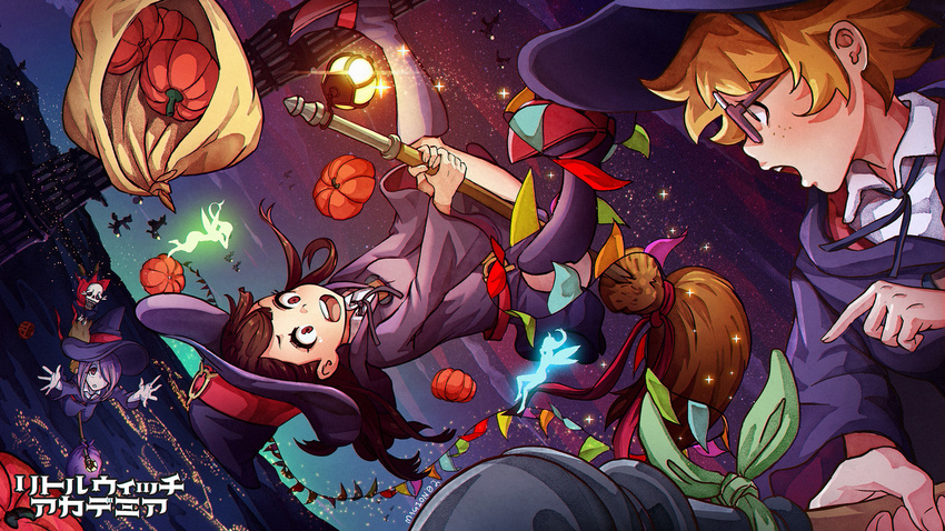 artist_name black_dress black_ribbon broom broom_riding brown_hair copyright_name dress fairy flying freckles glasses hair_over_one_eye hat highres kagari_atsuko little_witch_academia long_hair long_sleeves lotte_jansson magion02 multiple_girls night night_sky open_mouth pointing pumpkin purple_hair red_eyes ribbon short_hair skull sky sparkle sucy_manbavaran upside-down wide_sleeves witch witch_hat