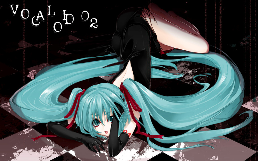 aqua_eyes aqua_hair azuma_sawayoshi backless_outfit bent_over checkered checkered_floor dress elbow_gloves eyeshadow floor gloves green_eyes green_hair hair_ribbon hatsune_miku highres lipstick long_hair lying makeup pale_skin perspective ribbon skinny solo twintails very_long_hair vocaloid wallpaper