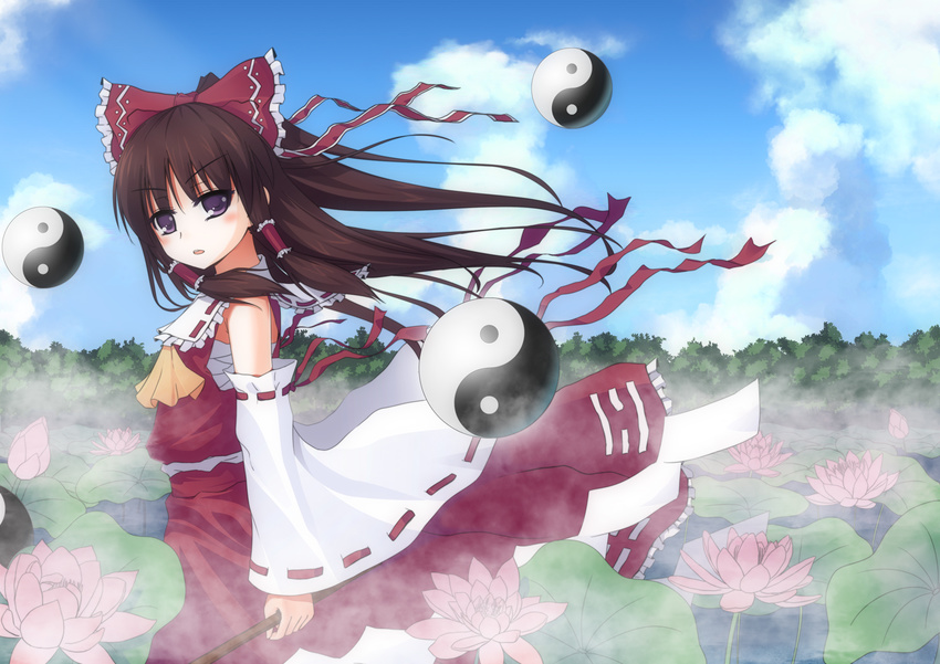 bow brown_hair detached_sleeves dinyc flower fog gohei hakurei_reimu highres lily_pad purple_eyes ribbon sarashi short_hair solo standing staring touhou yin_yang