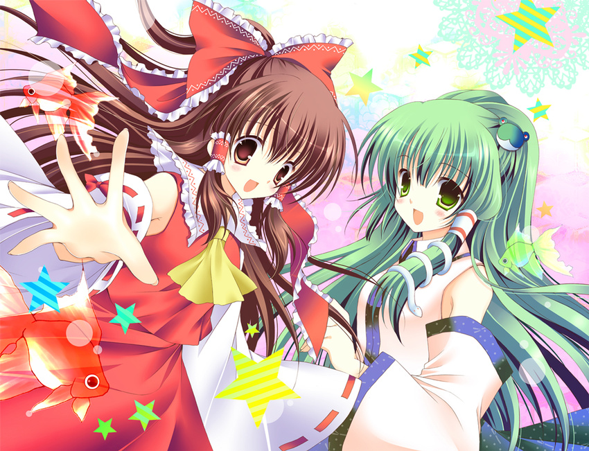 :d ascot bangs blush_stickers bow brown_eyes brown_hair collared_shirt detached_sleeves fish frilled_bow frilled_hair_tubes frilled_shirt_collar frills frog_hair_ornament green_eyes green_hair hair_bow hair_ornament hair_tubes hakurei_reimu happy kochiya_sanae long_hair looking_at_viewer multiple_girls open_mouth red_bow red_ribbon red_shirt red_skirt ribbon ribbon-trimmed_sleeves ribbon_trim sailor_collar shirogane_hina shirt skirt smile snake_hair_ornament star touhou white_collar white_shirt white_sleeves wide_sleeves yellow_neckwear