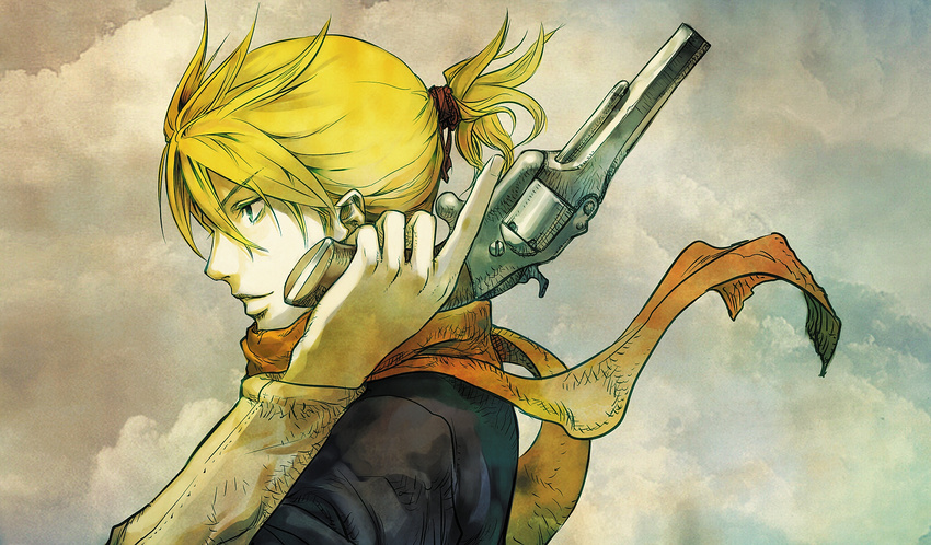 bad_id bad_pixiv_id blonde_hair blue_eyes gun handgun highres kagamine_len male_focus nagimiso ponytail revolver scarf solo trigger_discipline vocaloid weapon