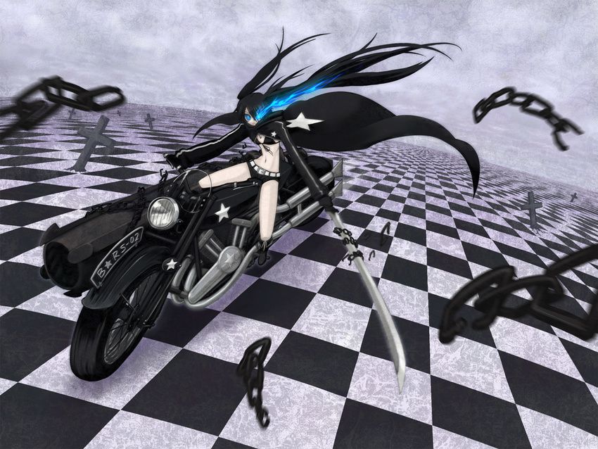 arm_cannon bikini_top black_hair black_rock_shooter black_rock_shooter_(character) blue_eyes boots burning_eye cannon chain checkered coat cross gloves ground_vehicle huge_weapon kurakumo_nue long_hair midriff motor_vehicle motorcycle navel riding solo sword twintails weapon
