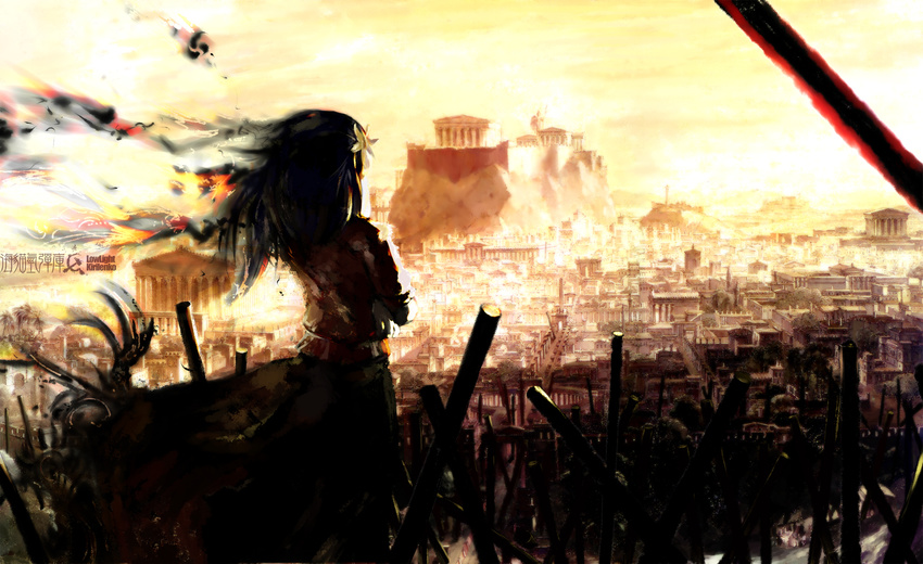 architecture artist_name backlighting bad_id bad_pixiv_id black_hair cityscape crossed_arms facing_away fire from_behind greco-roman_architecture greece hair_ornament hammer_and_sickle highres hill landscape leaf_hair_ornament long_hair lowlight_kirilenko onbashira outdoors parthenon scenery skirt sky solo standing sunset touhou wind yasaka_kanako yellow yellow_sky