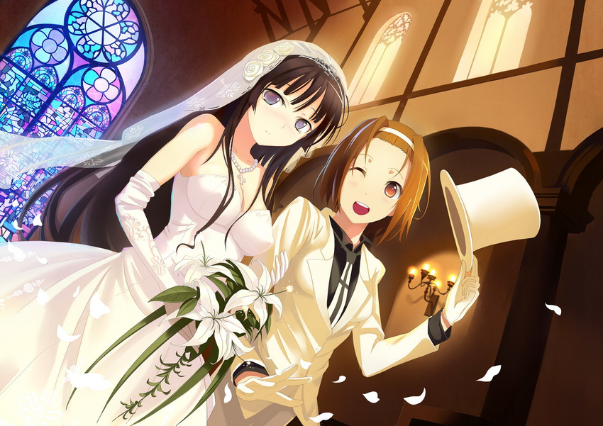 akiyama_mio bangs bare_shoulders black_eyes black_hair blunt_bangs blush bouquet breasts bride brown_hair cleavage couple dress dutch_angle elbow_gloves flower formal gloves hairband happy hat hat_tip hime_cut jewelry k-on! light_smile lily_(flower) long_hair medium_breasts multiple_girls necklace one_eye_closed open_mouth pant_suit pearl_necklace round_teeth short_hair smile stained_glass strapless strapless_dress suit tainaka_ritsu teeth top_hat wedding wedding_dress white_gloves wife_and_wife window yunohara_konomi yuri