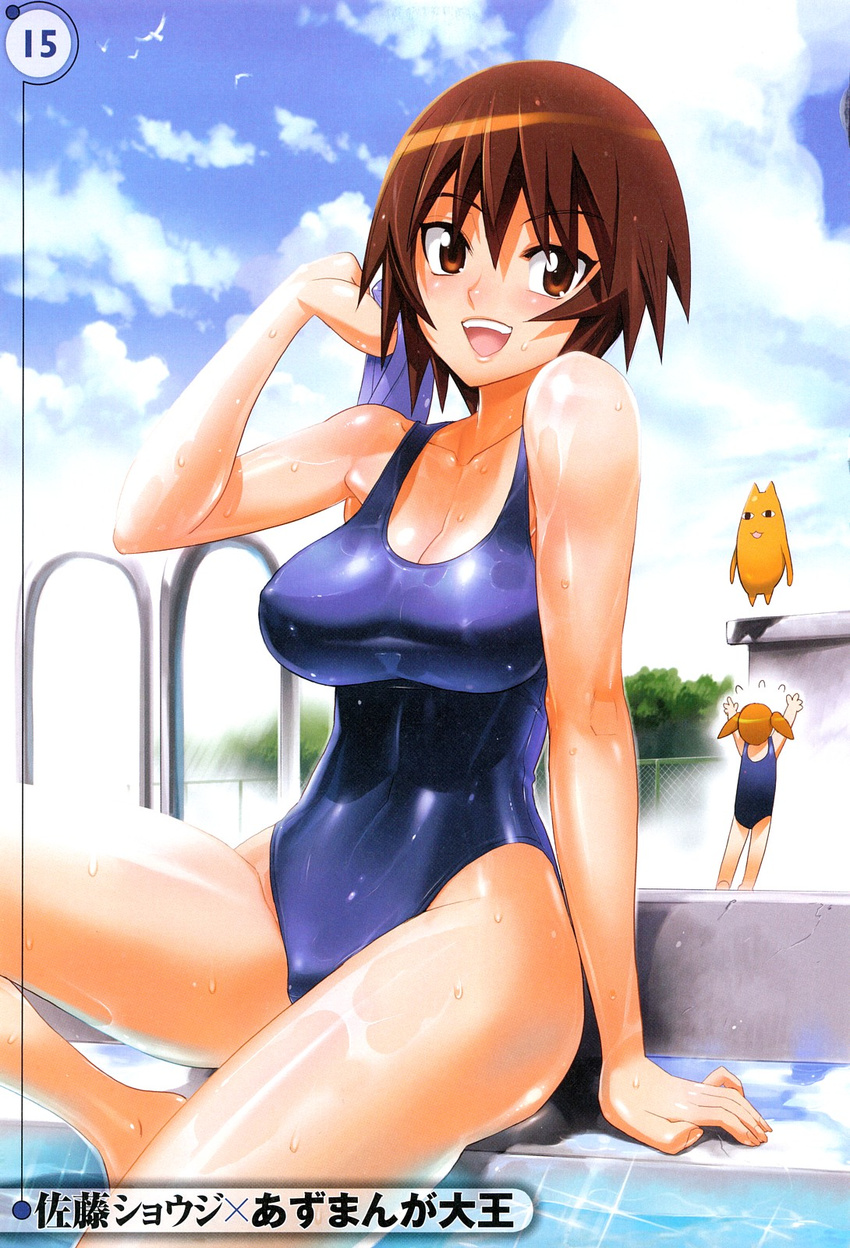 :d azumanga_daiou blush breasts brown_eyes brown_hair chiyo_chichi cleavage covered_nipples highres kagura_(azumanga_daiou) large_breasts mihama_chiyo multiple_girls one-piece_swimsuit open_mouth satou_shouji school_swimsuit short_hair sitting smile swimsuit twintails wet