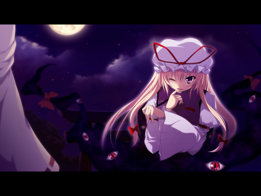 blonde_hair full_moon gap hakurei_reimu hat highres kazakura long_hair moon multiple_girls one_eye_closed purple_eyes ribbon sky solo_focus torii touhou yakumo_yukari