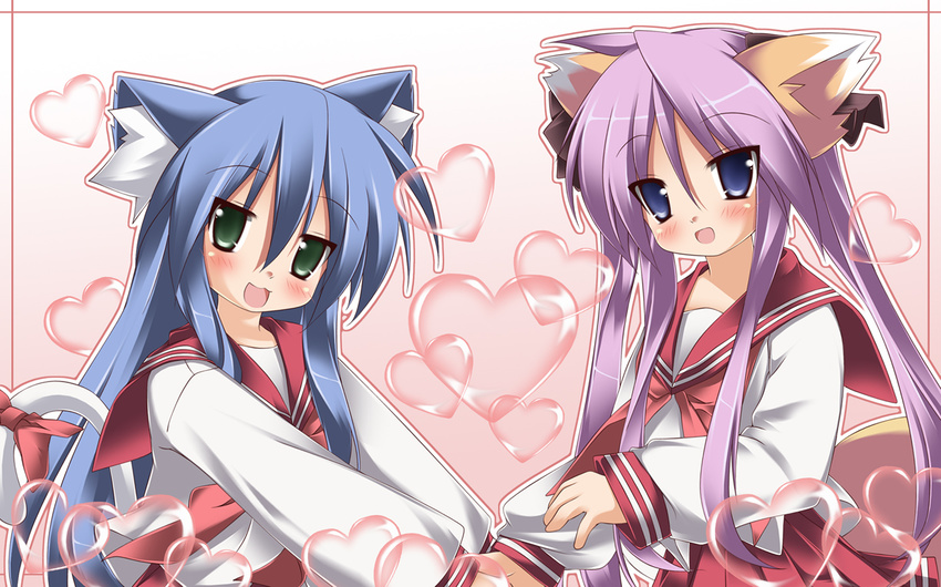 &lt;3 2girls animal_ears blue_eyes blue_hair blush bow cat cat_ears cat_tail catgirl fox fox_ears fox_tail foxgirl green_eyes hand_holding heart hearts hiiragi_kagami holding_hands izumi_konata kitsune kitsunemimi long_hair lucky_star multiple_girls neko nekomimi open_mouth pigtails purple_hair ribbon school_uniform seifuku serafuku short_twintails smile smiling tail twintails very_long_hair