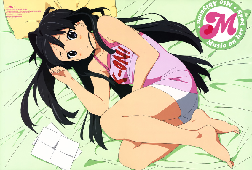 absurdres akiyama_mio animage barefoot bed bed_sheet black_hair blue_eyes blush camisole casual feet highres horiguchi_yukiko k-on! legs long_hair lying miura_rina non-web_source official_art on_side pillow scan shorts solo tank_top thighs toenails toes very_long_hair