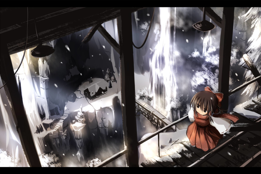 black_eyes bow bridge brown_hair from_above hair_bow hakurei_reimu house letterboxed mashayuki railroad_tracks ruins scarf scenery snow snowing solo touhou water waterfall wooden_beam