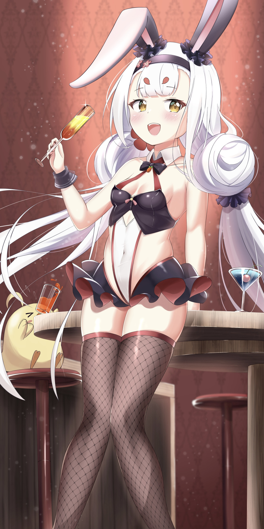 1girl :d absurdres animal_ears azur_lane bangs bar bar_stool bare_shoulders bird blunt_bangs blurry bow bowtie breasts brown_eyes chick cien_(shikanokuni) cleavage cocktail cocktail_glass collarbone commentary_request covered_navel cup depth_of_field detached_collar double_bun drinking_glass eyebrows_visible_through_hair fake_animal_ears fishnet_legwear fishnets frilled_skirt frills hair_between_eyes hair_bun hair_ornament hair_scrunchie hairband highres holding holding_cup long_hair looking_at_viewer low_twintails manjuu_(azur_lane) miniskirt playboy_bunny rabbit_ears scrunchie shimakaze_(azur_lane) shimakaze_(fastest_bunny's_invitation)_(azur_lane) sidelocks simple_background skirt smile stool thighhighs twintails white_hair wrist_cuffs