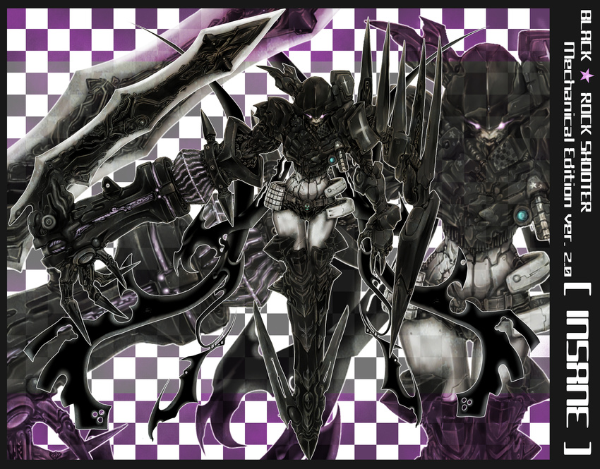 alternate_costume android armor black_rock_shooter checkered claws glowing glowing_eyes highres huge_weapon insane_black_rock_shooter ledjoker07 solo weapon zoom_layer