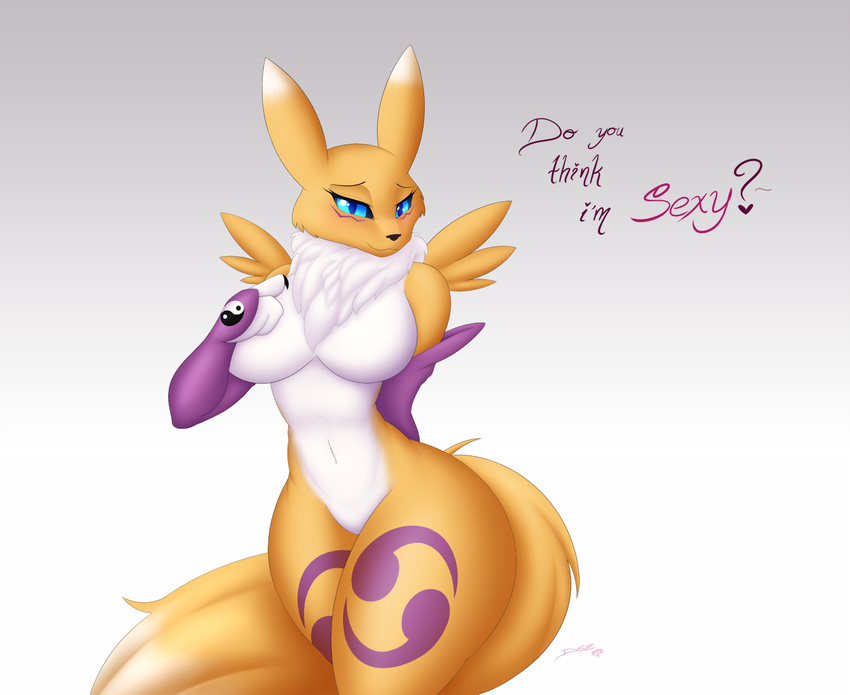 2016 anthro black_nose black_sclera blue_eyes blush bottomless breasts canine clothed clothing d-sixzey digimon featureless_crotch female fluffy fluffy_tail fox fur looking_at_viewer mammal multicolored_tail neck_tuft renamon solo text thick_thighs tuft wide_hips