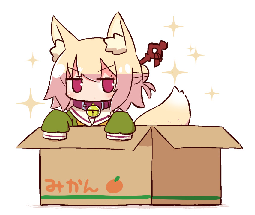 1girl animal_ear_fluff animal_ears bangs bell bell_collar blonde_hair box cardboard_box collar eyebrows_visible_through_hair fox_ears fox_girl fox_tail green_shirt hair_between_eyes hair_bun hair_ornament in_box in_container jingle_bell kemomimi-chan_(naga_u) long_hair long_sleeves mikan_box naga_u original sailor_collar shadow shirt sidelocks sleeves_past_fingers sleeves_past_wrists solo sparkle tail tail_raised translation_request white_background white_sailor_collar