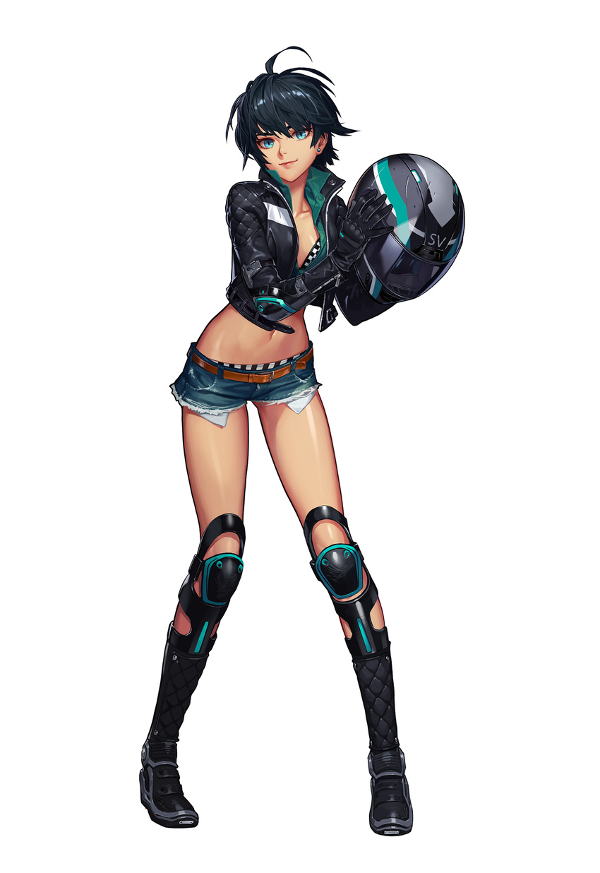 belt black_hair black_survival blue_eyes cropped_jacket cutoffs earrings full_body gloves helmet highres jacket jewelry knee_pads leather leather_gloves looking_at_viewer midriff motorcycle_helmet navel official_art one_touch open_clothes open_jacket short_hair short_shorts shorts silvia_piquet smile solo standing