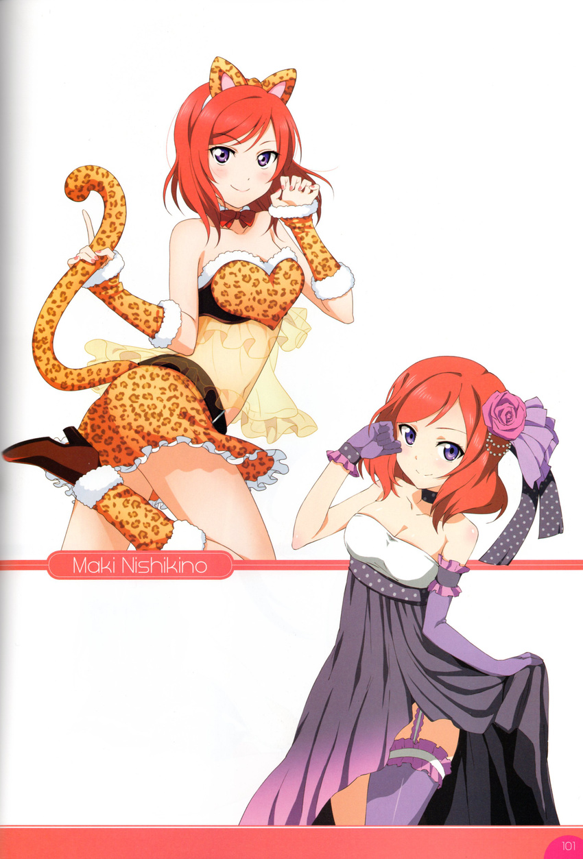 absurdres animal_ears animal_print artist_request bare_shoulders blush boots bow breasts character_name choker claw_pose cleavage collar dress elbow_gloves fake_animal_ears flower fur_trim gloves hair_flower hair_ornament hairband highres leopard_print leopard_tail looking_at_viewer love_live! love_live!_school_idol_festival love_live!_school_idol_project medium_breasts midriff multiple_views nishikino_maki non-web_source official_art polka_dot_ribbon print_skirt purple_eyes red_hair scan see-through short_hair simple_background skirt smile tail
