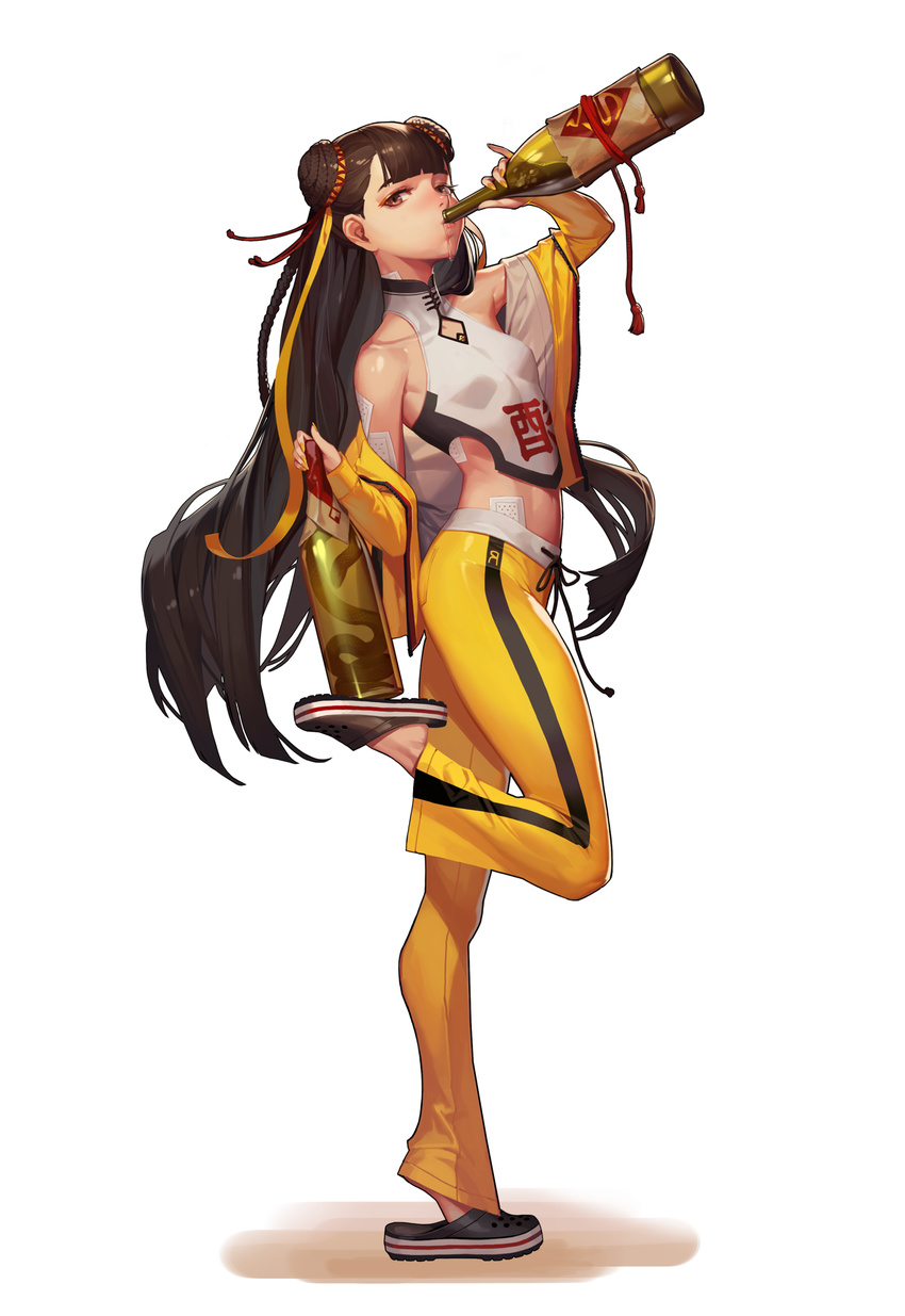bangs bare_shoulders black_survival bodysuit bottle brown_eyes brown_hair bruce_lee's_jumpsuit crocs double_bun drinking from_side full_body hair_ribbon highres jacket jumpsuit li_dailin long_hair looking_at_viewer midriff official_art one_touch open_clothes open_jacket ribbon sake_bottle slippers snake solo spilling standing standing_on_one_leg tape tiptoes turtleneck very_long_hair white_background yellow_bodysuit