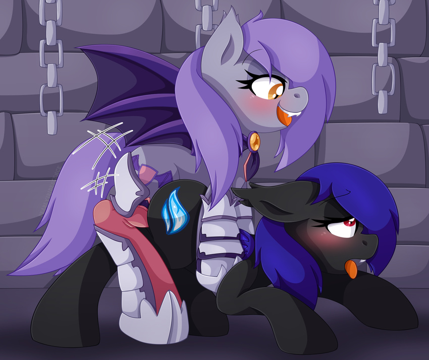 all_fours armor bat_pony blue_hair blush cutie_mark fan_character fangs female from_behind_position hair intersex membranous_wings mounting my_little_pony open_mouth orange_eyes pearlyiridescence penetration purple_hair sex tongue tongue_out wings yellow_eyes