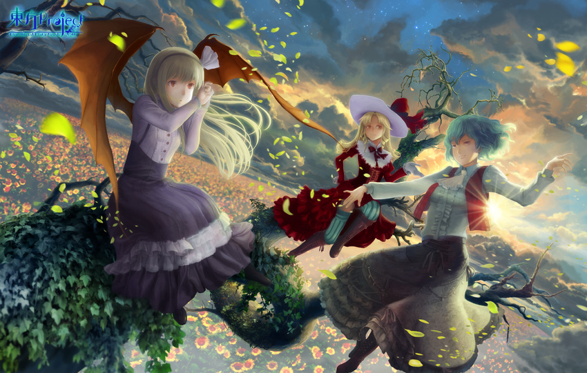 3girls bat_wings blonde_hair boots dress elly field flower flower_field gloves green_hair hair_ribbon hat highres hiraoka_masamune kazami_yuuka kurumi_(touhou) multiple_girls red_eyes ribbon shirt skirt sunflower thighhighs touhou touhou_(pc-98) tree vampire vest wings