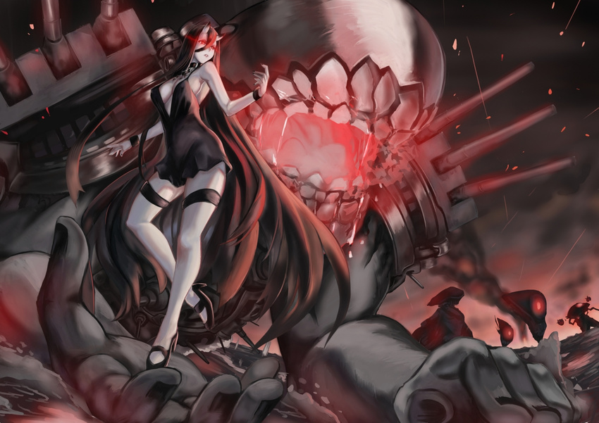 armband battleship_hime black_dress black_footwear breasts cleavage collar dress glowing glowing_eyes ha-class_destroyer hair_between_eyes high_heels horns kakumayu kantai_collection long_hair medium_breasts oni_horns open_mouth outdoors parted_lips red_eyes shinkaisei-kan shoes short_dress sleeveless sleeveless_dress smoke solo_focus standing standing_on_one_leg teeth thigh_strap very_long_hair wa-class_transport_ship water white_skin wo-class_aircraft_carrier