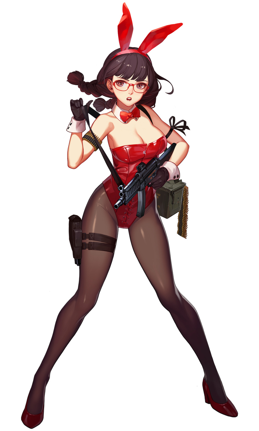 absurdres arm_ribbon aya_(black_survival) black_hair black_survival bow bowtie braid breasts cleavage detached_collar full_body glasses gloves gun high_heels highres holster large_breasts looking_at_viewer machine_gun official_art one_touch open_mouth pantyhose purple_eyes red-framed_eyewear red_footwear ribbon shoes solo thigh_holster transparent_background twin_braids weapon