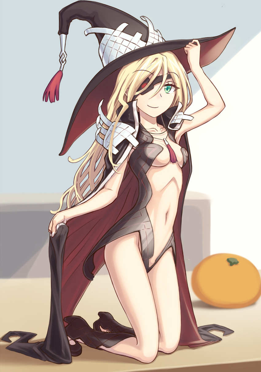 blonde_hair breasts cape collarbone eyebrows eyebrows_visible_through_hair eyepatch green_eyes groin hat highres jinrai_(owl12) long_hair navel othinus small_breasts solo to_aru_majutsu_no_index to_aru_majutsu_no_index:_new_testament witch_hat