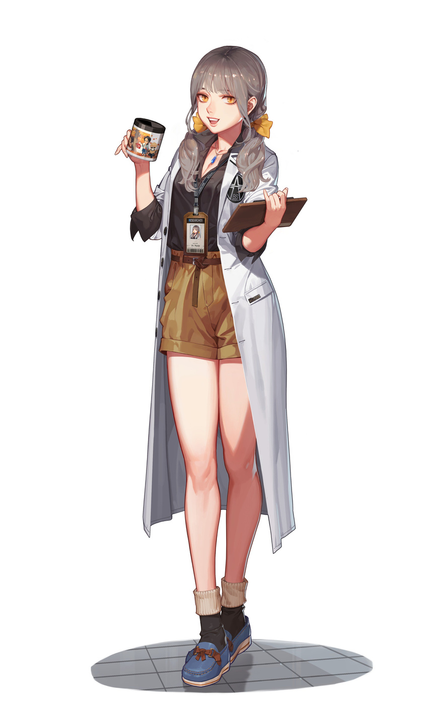 :d absurdres belt black_survival bow character_name clipboard cup doctor full_body hair_bow highres jewelry labcoat long_hair looking_at_viewer low_twintails mug name_tag necklace one_touch open_mouth shorts smile solo standing twintails white_background yellow_eyes