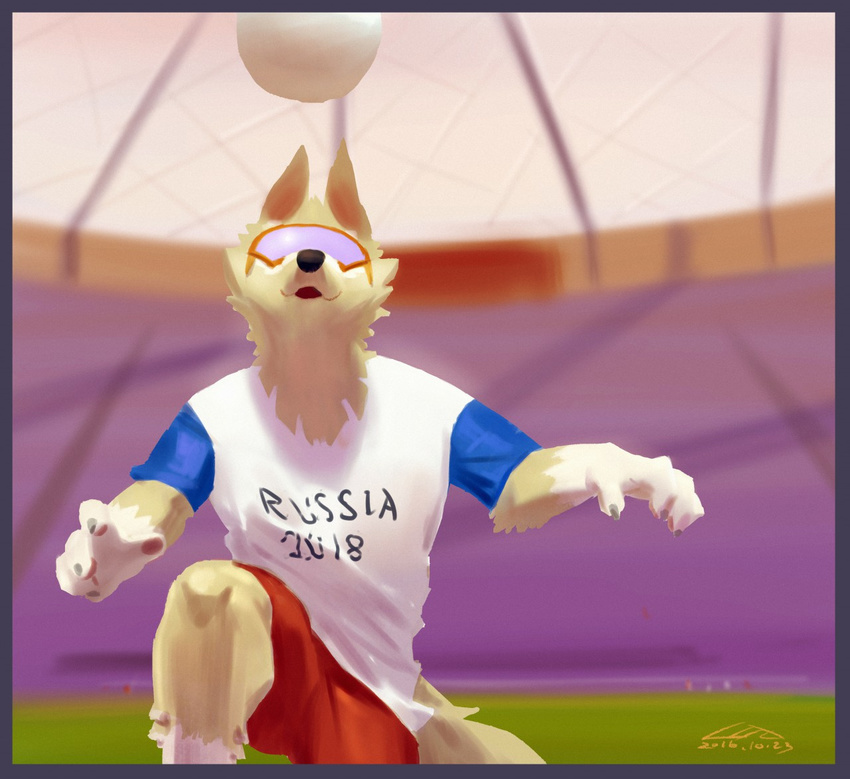 ball canine fifa male mammal mascot russia russian soccer solo sport toothlessfan wolf world_cup zabivaka