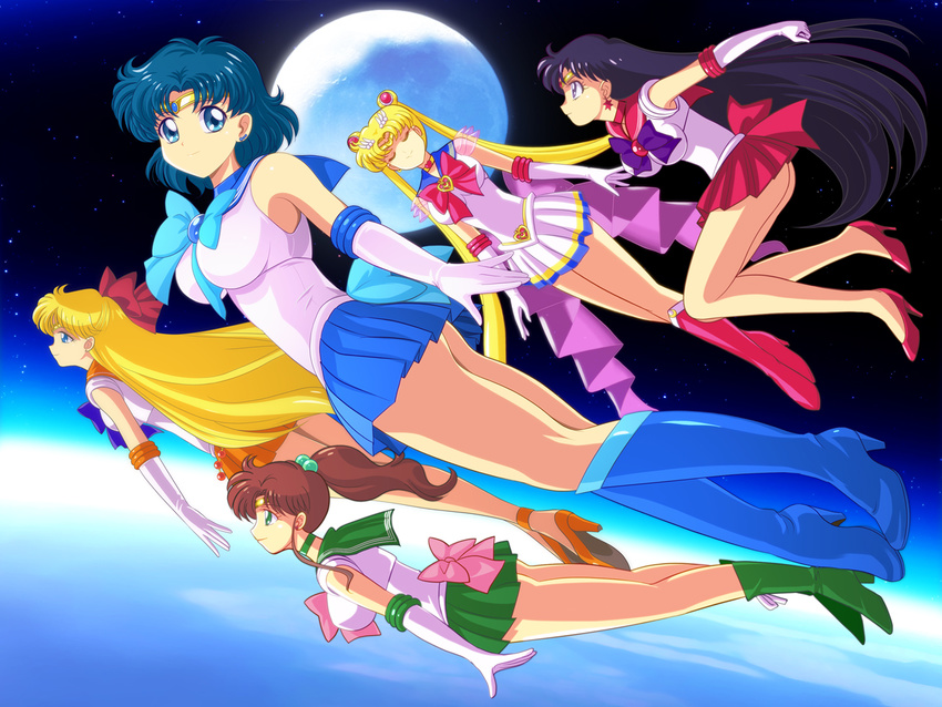 aino_minako ass bare_legs bishoujo_senshi_sailor_moon blonde_hair blue_choker blue_eyes blue_footwear blue_hair blue_sailor_collar boots breasts brooch choker circlet closed_eyes double_bun earrings elbow_gloves flying gloves green_choker green_eyes green_footwear green_sailor_collar hair_bobbles hair_ornament hair_ribbon heart heart_choker high_heels hino_rei inner_senshi jewelry kino_makoto knee_boots large_breasts long_hair miniskirt mizuno_ami moon multicolored multicolored_clothes multicolored_skirt multiple_girls pirochi planet pleated_skirt ponytail purple_eyes purple_hair red_footwear red_sailor_collar ribbon sailor_collar sailor_jupiter sailor_mars sailor_mercury sailor_moon sailor_senshi sailor_senshi_uniform sailor_venus skirt smile space super_sailor_moon tsukino_usagi twintails very_long_hair white_gloves yellow_choker