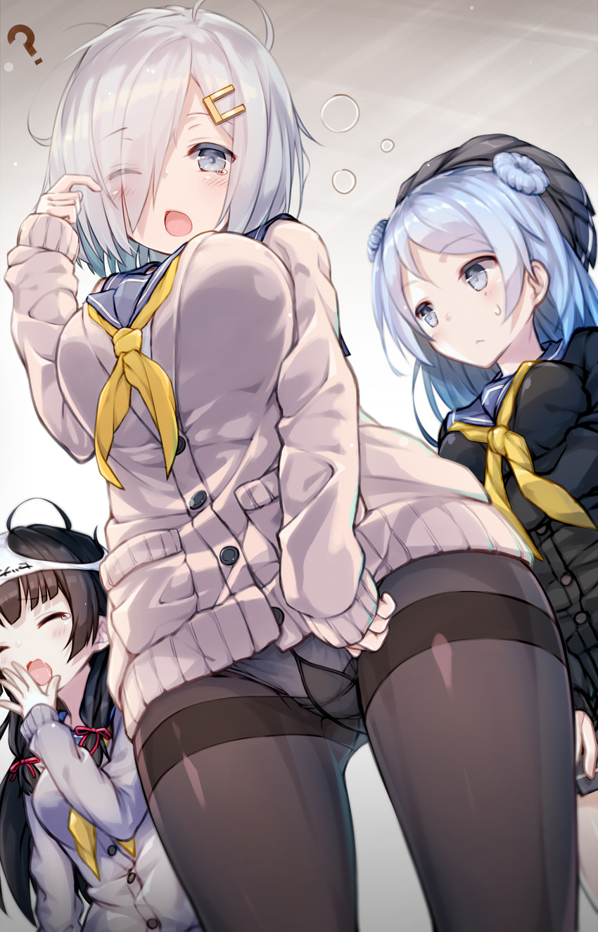 ? absurdres alternate_costume black_hair blue_eyes blue_hair breasts buttons cardigan chestnut_mouth closed_eyes double_bun eyebrows eyebrows_visible_through_hair eyes_visible_through_hair gusset hair_ornament hair_over_one_eye hair_ribbon hairclip hamakaze_(kantai_collection) hat highres isokaze_(kantai_collection) kantai_collection katoroku large_breasts long_hair long_sleeves medium_breasts multiple_girls neckerchief object_on_head one_eye_closed panties panties_on_head panties_under_pantyhose pantyhose pantyshot pocket red_eyes red_ribbon ribbon short_hair silver_hair skirt_on_head sweatdrop sweater thighband_pantyhose tress_ribbon underwear urakaze_(kantai_collection) yawning yellow_neckwear
