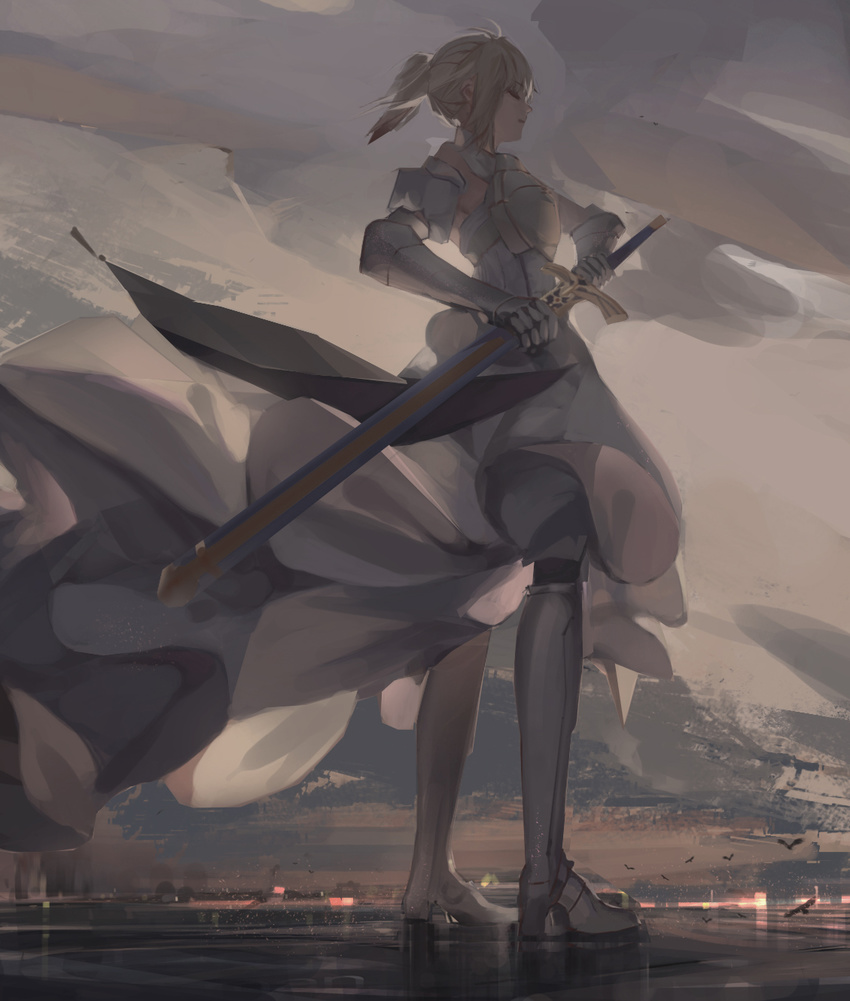 aenrs armor armored_dress armpits artoria_pendragon_(all) bad_id bad_pixiv_id blonde_hair caliburn closed_eyes detached_sleeves fate/stay_night fate/unlimited_codes fate_(series) from_below highres ponytail saber saber_lily scabbard sheath sketch solo