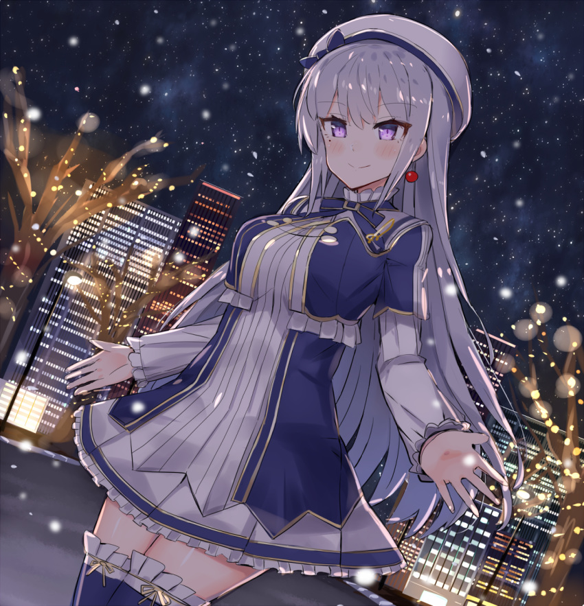 1girl bangs bare_tree beret blue_dress blue_legwear blush building city cityscape closed_mouth commentary_request dress dutch_angle earrings eyebrows_visible_through_hair frilled_dress frills hat highres higuchi_kaede jewelry legs_together long_hair long_sleeves mole mole_under_eye night night_sky nijisanji outdoors outstretched_arms purple_eyes road sidelocks silver_hair sky smile snowing solo standing thighhighs tree virtual_youtuber white_hat winter xenonstriker