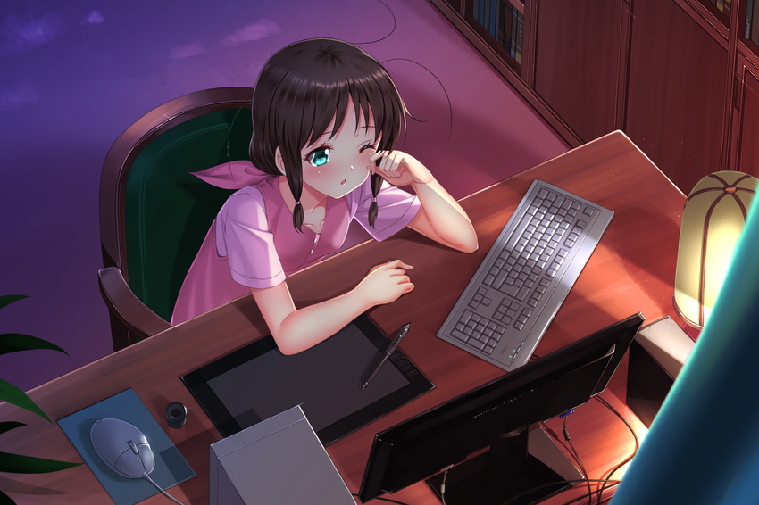 aqua_eyes black_hair blush chair computer highres honda_tamaki keyboard_(computer) monitor one_eye_closed rubbing_eyes sitting solo stella_no_mahou stylus swordsouls tablet