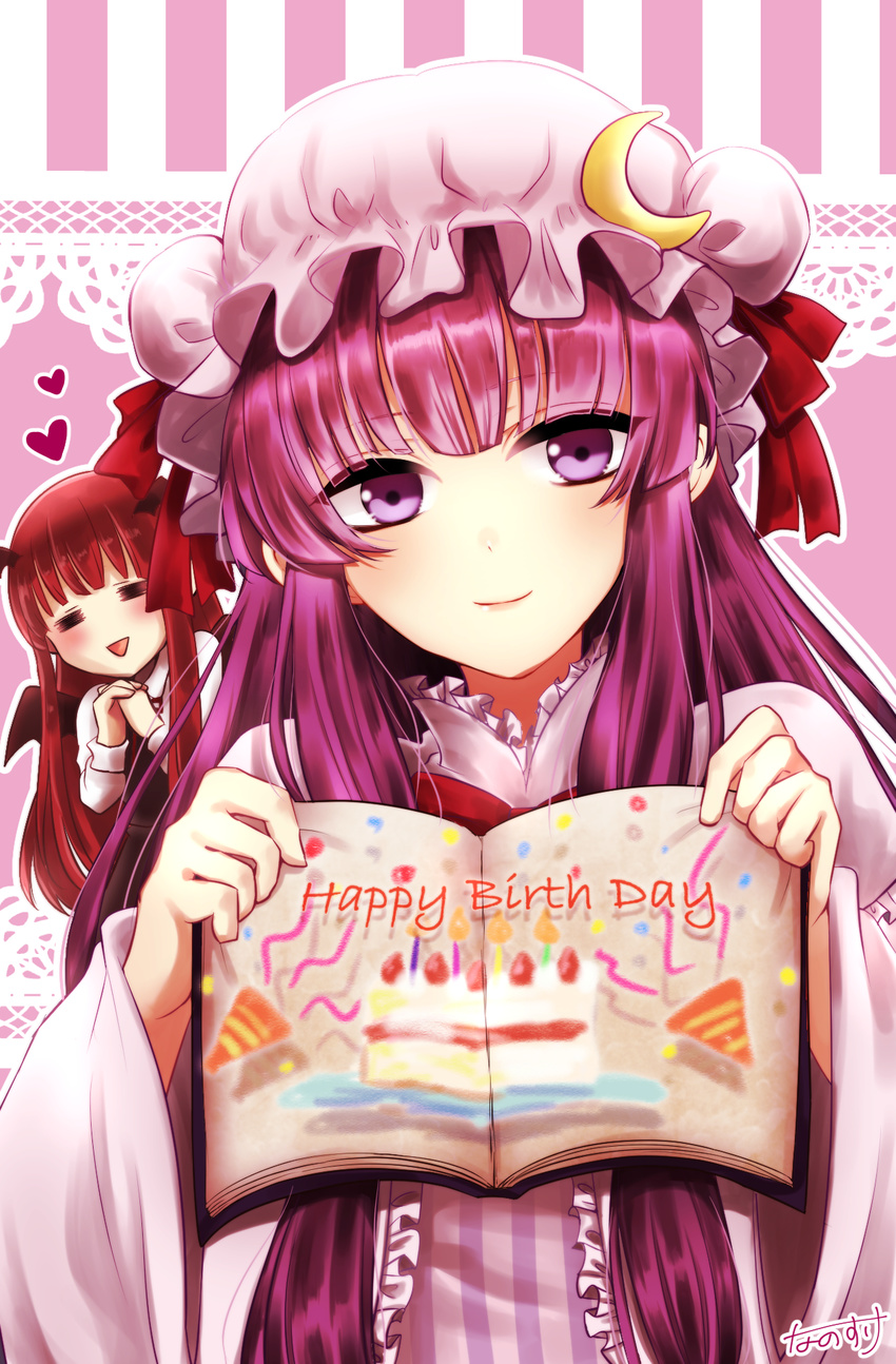 =_= bow bowtie coat crescent crescent_hair_ornament demon_wings double_bun dress frilled_dress frilled_hat frills hair_ornament hands_clasped happy_birthday hat hat_ribbon head_wings heart highres koakuma long_hair long_sleeves looking_at_viewer mob_cap multiple_girls nanosuke_(nanonano9) open_mouth own_hands_together patchouli_knowledge pink_background pink_dress pink_hat purple_eyes purple_hair red_bow red_hair red_neckwear red_ribbon ribbon sidelocks signature smile striped striped_dress touhou upper_body very_long_hair wide_sleeves wings