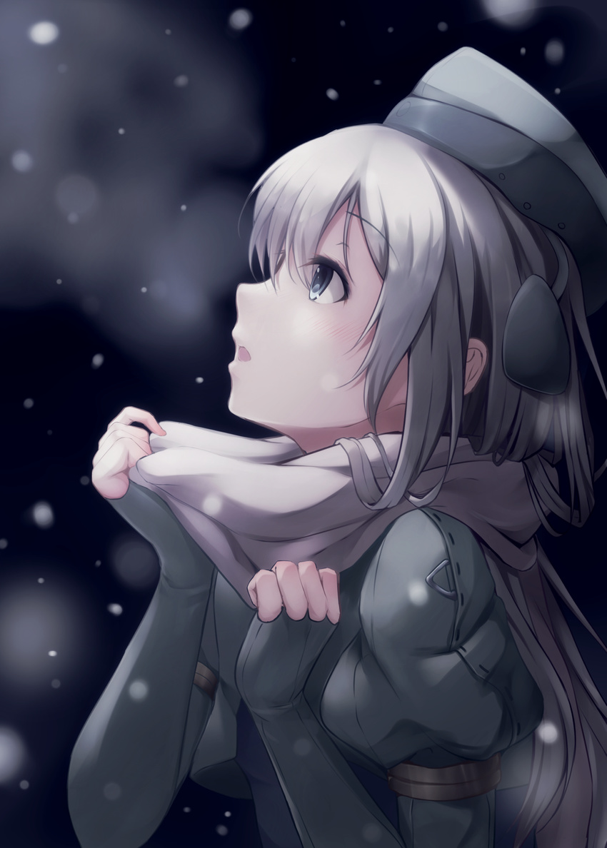 bangs black_gloves blue_eyes breath cropped_jacket eyebrows eyebrows_visible_through_hair eyelashes from_side garrison_cap gloves hat highres kantai_collection long_hair looking_up nicoby profile scarf silver_hair snowing solo u-511_(kantai_collection) upper_body white_scarf winter