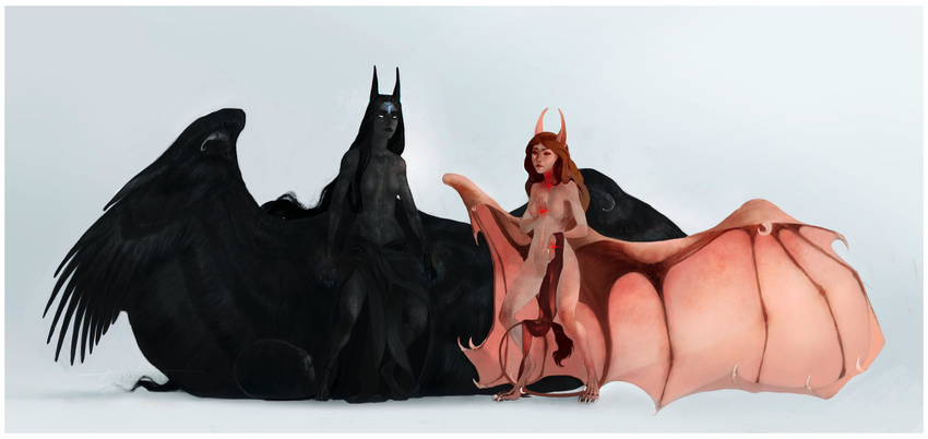 absurd_res anthro bat duo feathered_wings feathers female hi_res humanoid hybrid looking_at_viewer mammal reykat simple_background standing wings