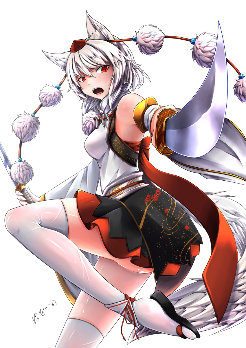 animal_ears bare_shoulders breasts commentary_request detached_sleeves dual_wielding embellished_costume fangs foreshortening from_side hat highres holding holding_sword holding_weapon inubashiri_momiji inyuppo jewelry katana leg_up looking_at_viewer looking_to_the_side medium_breasts necklace open_mouth pointing pointing_at_viewer pom_pom_(clothes) red_eyes sandals silver_hair skirt slit_pupils solo sword tail teeth thighhighs tokin_hat touhou weapon white_background white_legwear wolf_ears wolf_girl wolf_tail