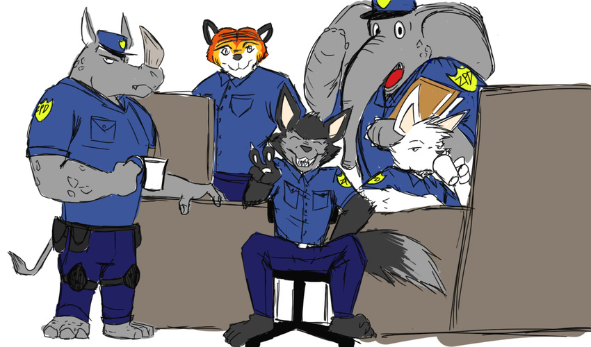 2016 anthro canine clothed clothing disney elephant fan_character fanfic_art feline group looking_at_viewer mammal police_uniform rhinoceros simple_background thephantombeyond tiger uniform v_sign waving white_background wolf zootopia